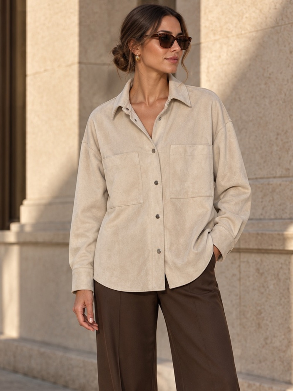 Zara Faux Suede Shacket Womens Small Beige Oversized Snap Front Shirt Jacket - Picture 2 of 11